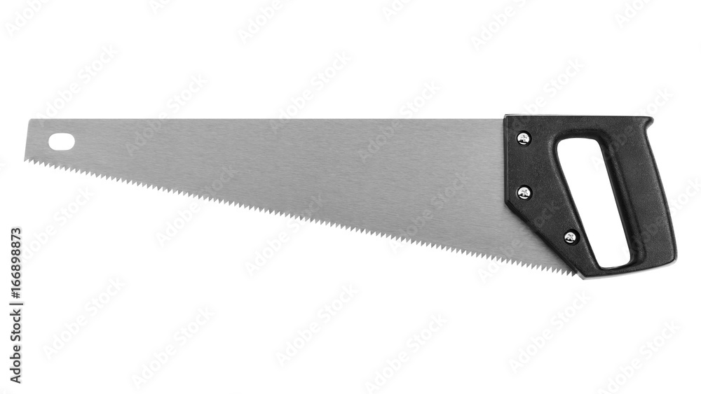 Wood saw on white background close-up, top view Wood saw on white background close-up, top view