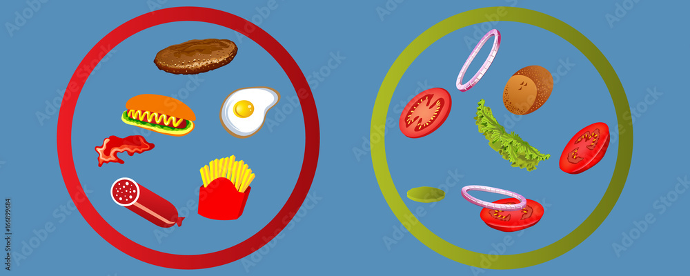 healthy food vs junk food choice concept for your healthy life vector illustration healthy food vs junk food choice concept for your healthy life vector illustration