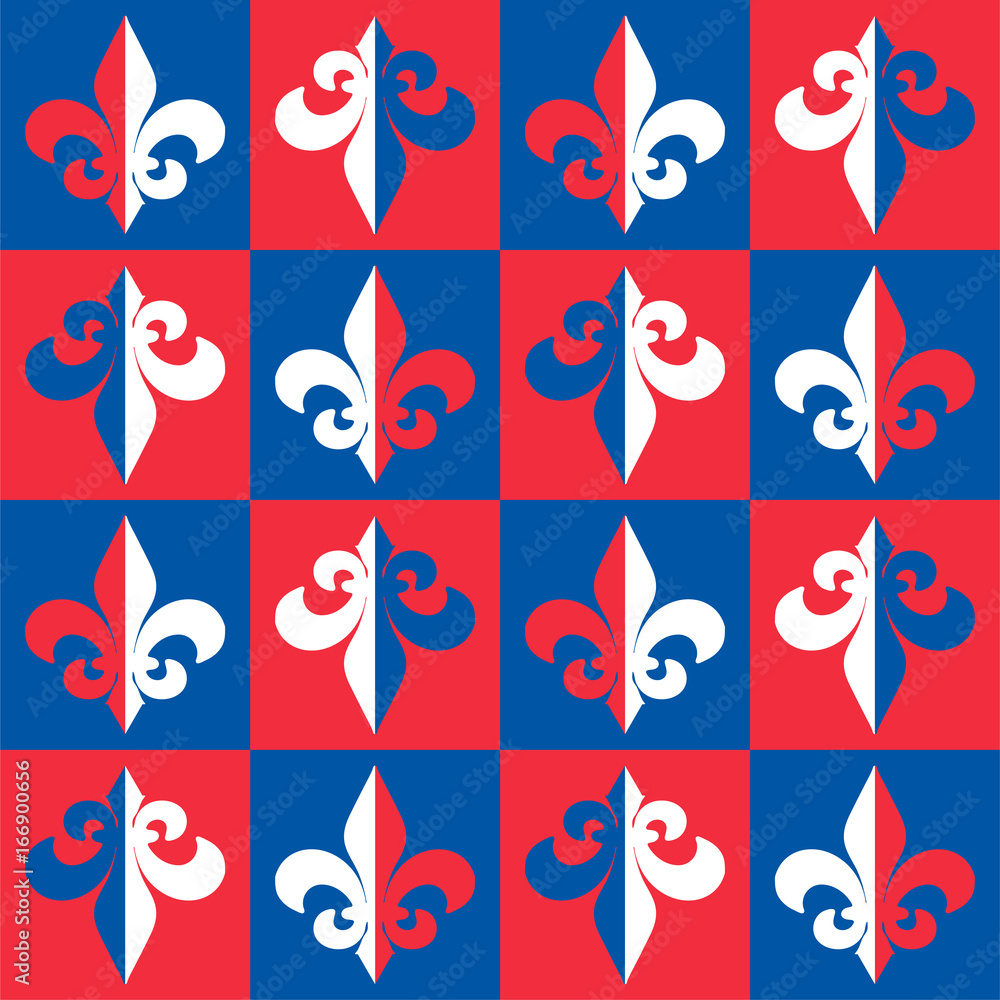 Red, Blue and White The Fleur de Lis or Flower de Luce seamless pattern. Background with royal French lily is great for perfume packaging, wallpaper, luxury restaurant menu cover.