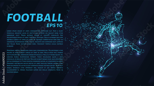 Football which consists of points. Particles in the form of a football player on dark background. Vector illustration. Graphic concept soccer