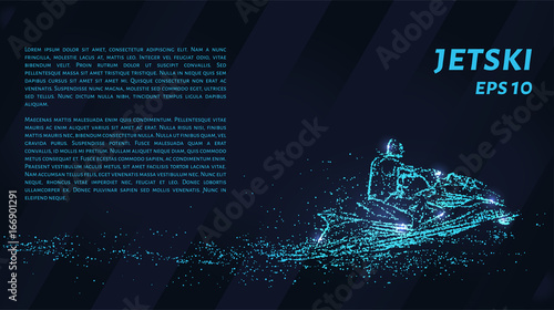 Jet is composed of pixels. Particles in the form of a jetski on a dark background. Vector illustration.