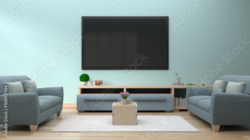 TV on the blue wall in modern living room have sofa in room,3d rendering