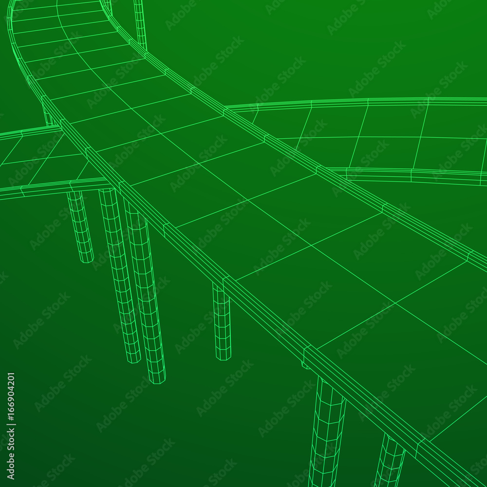 Wireframe Mesh Bridge Highway Crossing. Connection Structure. Digital Data Visualization Concept. Vector Illustration.
