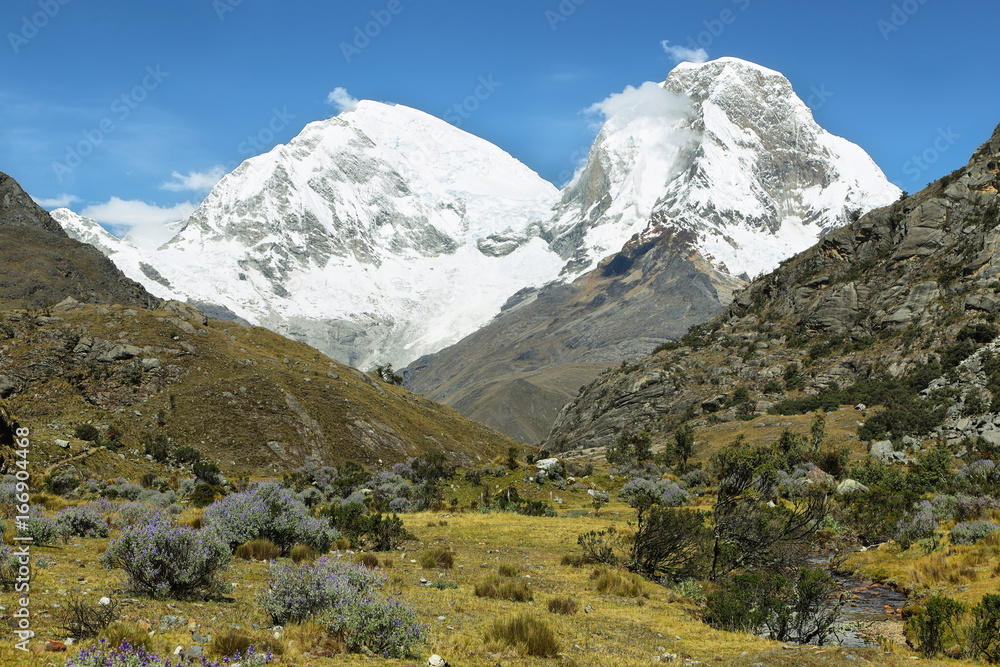 Mt Huascaran and Mt Chopicalqui from Laguna 69 trail, Peru