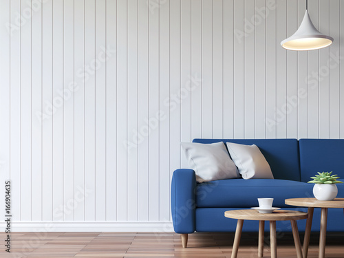 Fototapeta Naklejka Na Ścianę i Meble -  Modern white living room vintage style  3d rendering image.There are wood floor decorate wall with white wooden plank .Furnished with blue fabric sofa.
