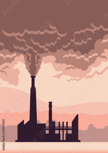 Environmental pollution poster. Cloud of smoke from a factory chimney. Vector illustration with copy space.