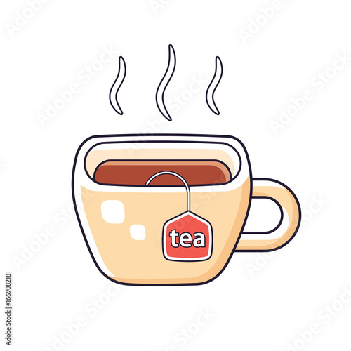 Hot cup of tea with bag label isolated.