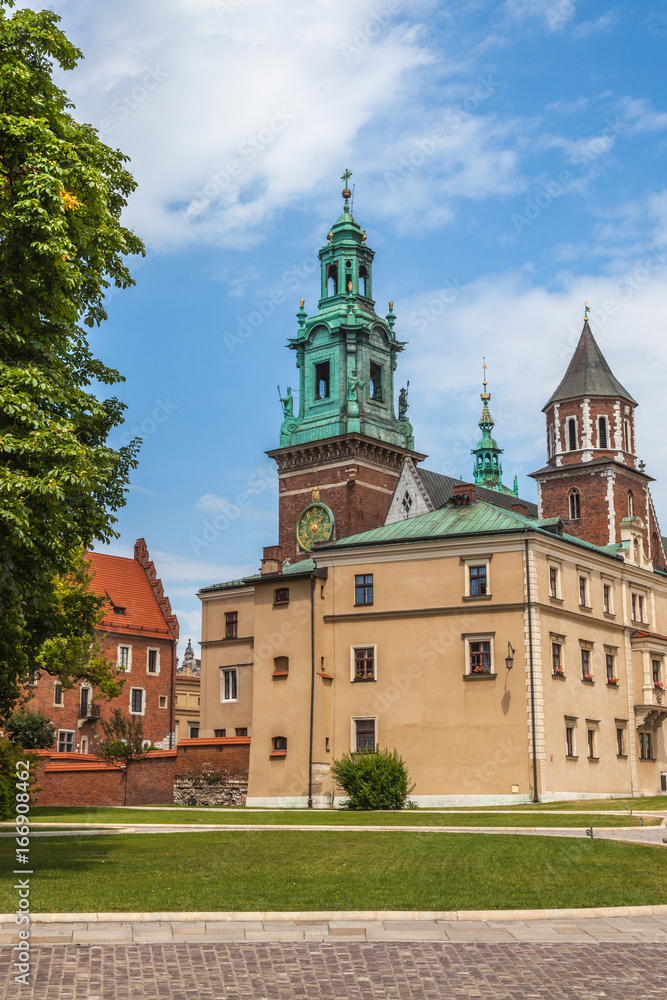 fortified architectural complex with Wawel cathedral on a sunny day with blue sky