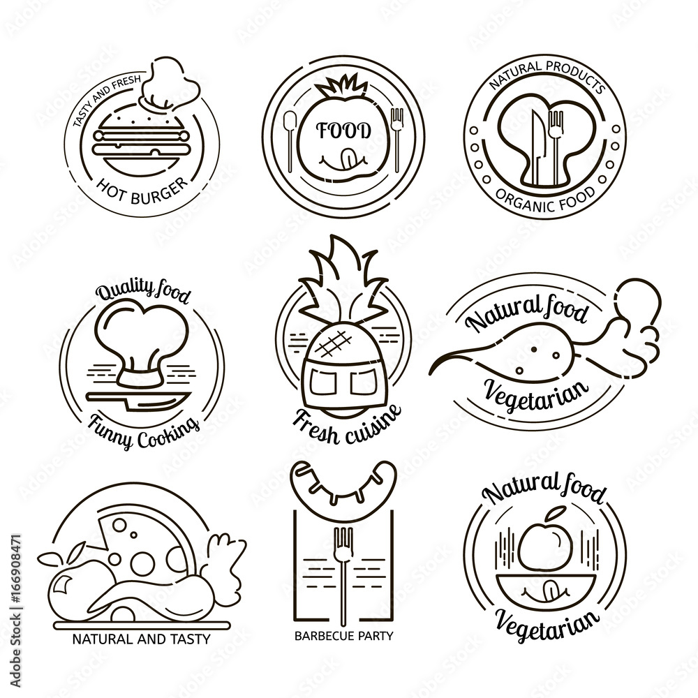 Restaurant logos and emblems set. Hand drawn logos premium collection. BBQ and vegetarian vector set.