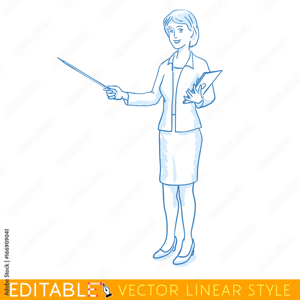 Business presentation woman with pointer. Editable line sketch. Stock vector illustration. Business presentation woman with pointer. Editable line sketch. Stock vector illustration.