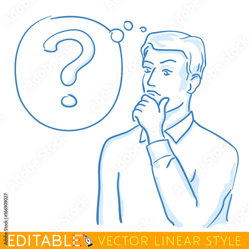 Thoughtful man looking away. Hand near the face. Editable line sketch. Stock vector illustration.