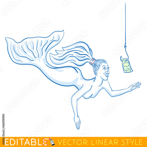 Mermaid catching a bait money. Editable line sketch caricature. Stock vector illustration.