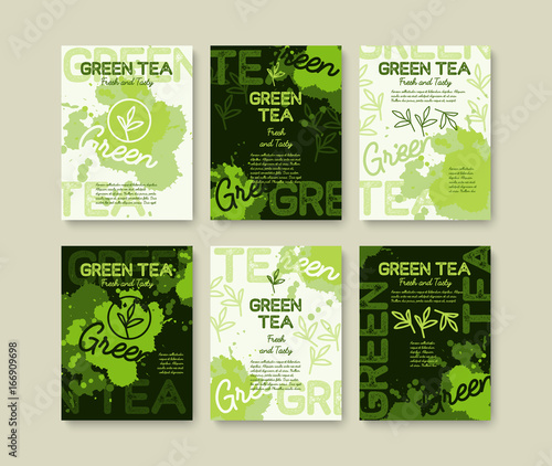 Green tea poster or banners typography design. Creative illustrations with liquid tea splashes for breakfast menu, vitamin shop, other