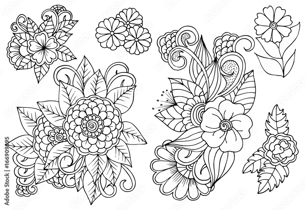 Set of black and white floral design elements. Set of black and white floral design elements.