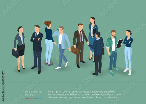People crowd. Isometric vector presentation and banner template.