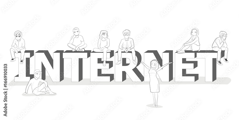 Little people near the word internet. Concept of youth communication. vector illustration.
