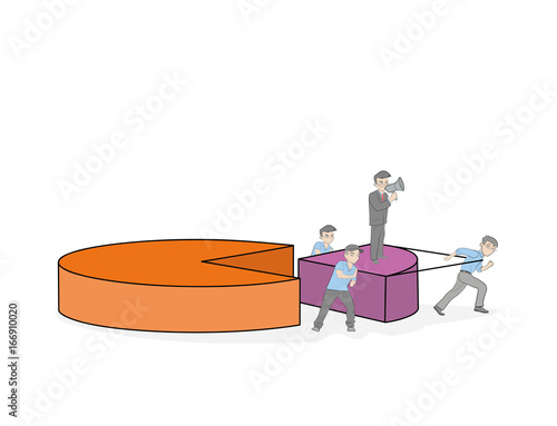 Little people are dragging a piece of chart. teamwork. vector illustration.