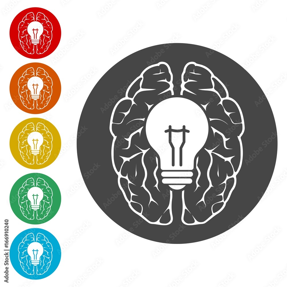 Brain light bulb icons set Brain light bulb icons set