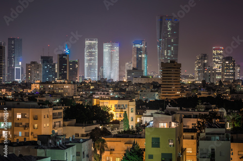 Tel Aviv financial district skyscrapers shot at night, Israel.