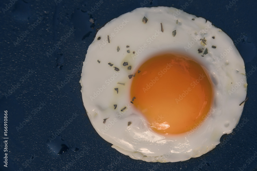 Closeup of fried eggs on a black background. top view Closeup of fried eggs on a black background. top view