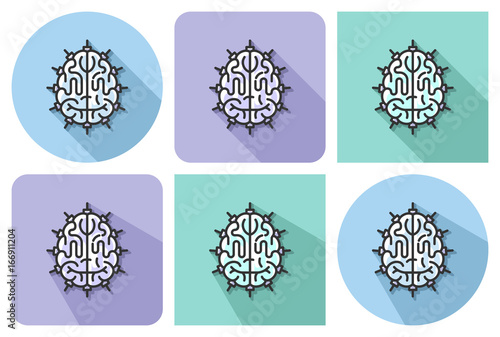 Outlined icon of  brain as central processing unit with parallel and not parallel long shadows. Artificial intelligence concept