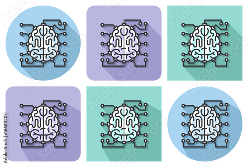 Outlined icon of  brain as central processing unit with elements of printed circuit board with parallel and not parallel long shadows. Artificial intelligence concept  ......