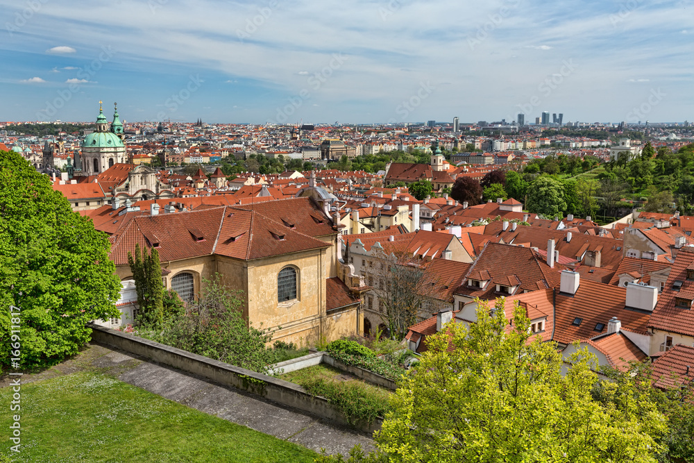 Tiled roofs of Prague, view of the city