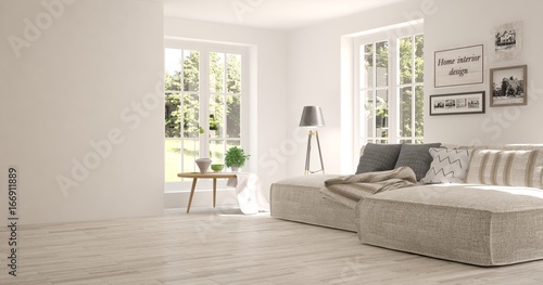 Idea of white room with sofa and summer landscape in window. Scandinavian interior design. 3D illustration