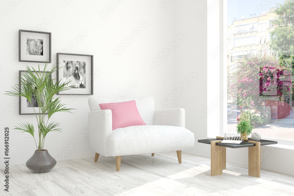 White room with armchair and green landscape in window. Scandinavian interior design. 3D illustration