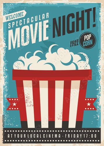 Movie cinema night retro poster design. Popcorn graphic with film strip entertainment brochure template.