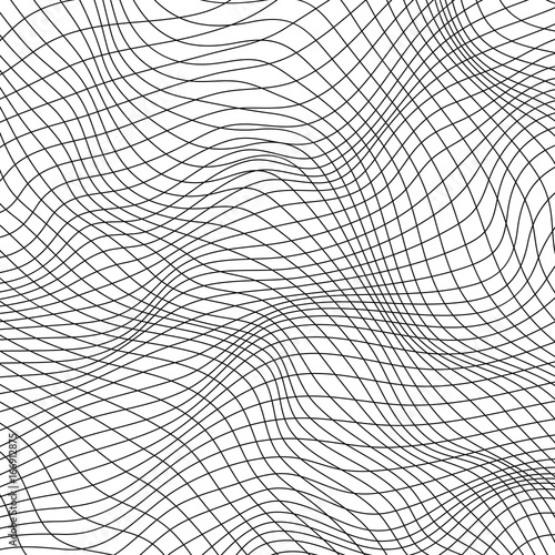  Abstract grid. Wave monochrome background. Simple linear halftone texture. Vector black & white background. Abstract dynamical rippled surface. Visual  3D effect. Illusion of movement. 