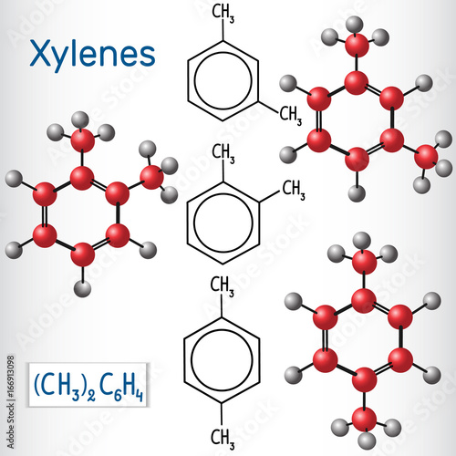 Meta , ortho,  para  Xylene isomers. Structural chemical formula and model