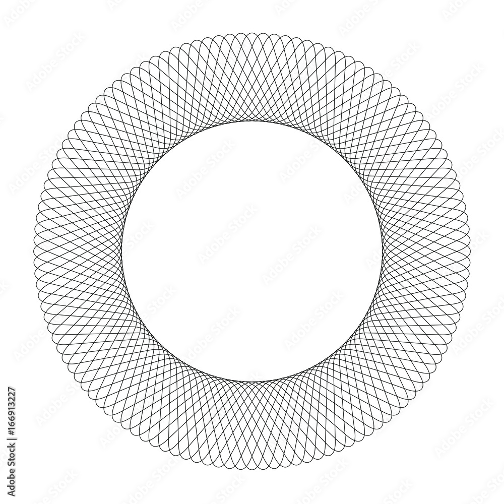 Circle Guilloch in vector. Circle border frame, black round lace contour  isolated on white background. Abatract round frame from thin lines. Stock  Vector