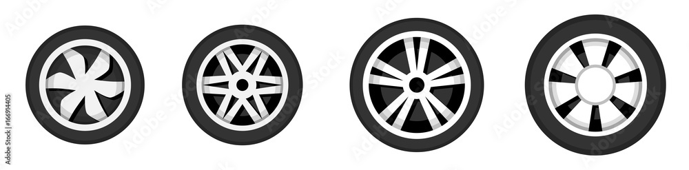 Wheel disk with tyre. Car wheels isolated. Wheels disks icons set. Side view, flat style. Vector illustration.