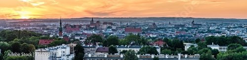 Krakow panorama from Krakus Mound, Poland landscape during sunset. © tomeyk