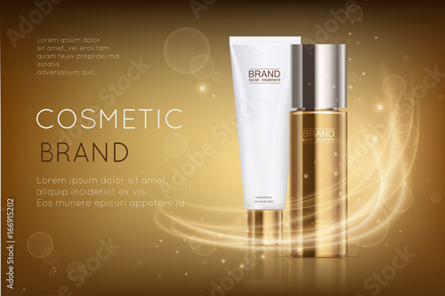 Luxury cosmetic template for ads, gold cosmetic bottle and white tube mockup for moisturizing cream, premium product on a shiny golden background