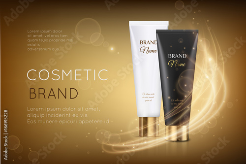 Luxury cosmetic template for ads, two cosmetic white tubes mockup for moisturizing cream, premium product on a shiny golden background