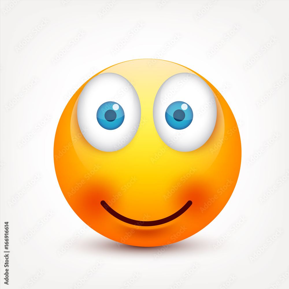 Fototapeta premium Smiley with blue eyes,emoticon set. Yellow face with emotions. Facial expression. 3d realistic emoji. Sad,happy,angry faces.Funny cartoon character.Mood.Vector illustration.