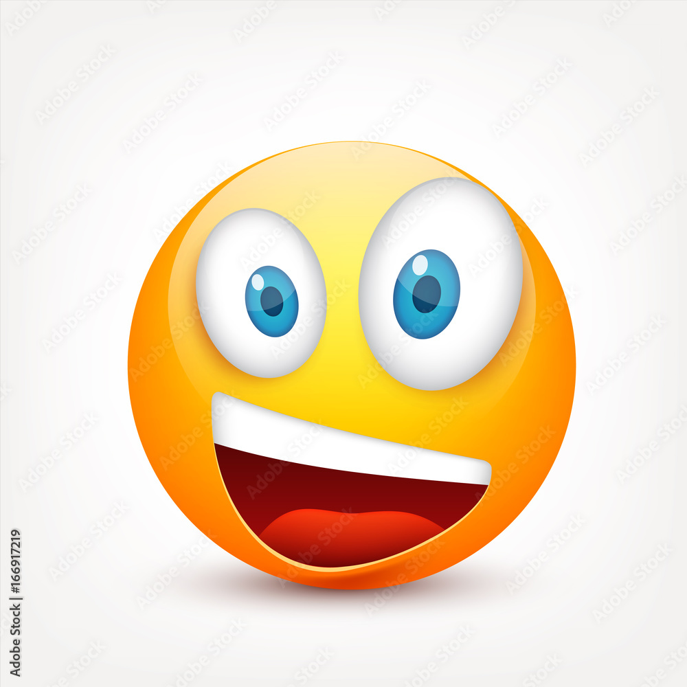 Fototapeta premium Smiley with blue eyes,emoticon set. Yellow face with emotions. Facial expression. 3d realistic emoji. Sad,happy,angry faces.Funny cartoon character.Mood.Vector illustration.
