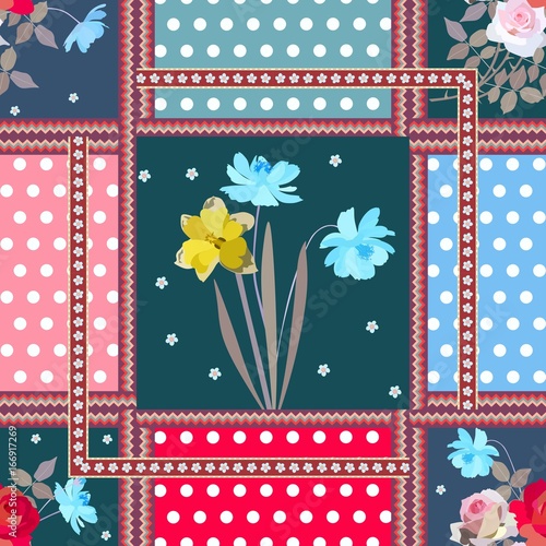 Lovely patchwork pattern with bouquets of gardening flowers, ornamental borders and polka dot background. Vector design.