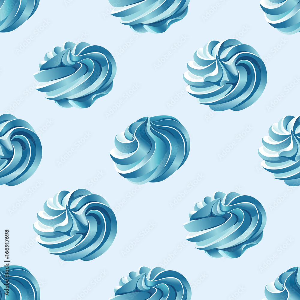 Seamless pattern with different shapes blue twisted meringue (zephyr, marshmallow) isolated on a light blue background.  - obrazy, fototapety, plakaty 