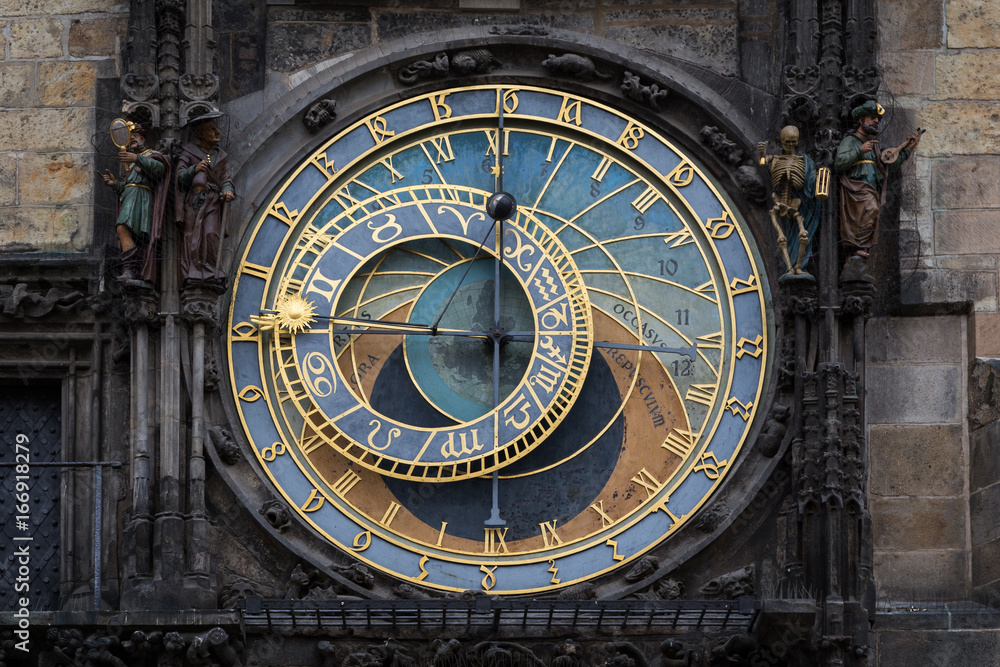 Close-up of the medieval Prague astronomical clock mounted on wall of Old Town Hall in the Old Town Square in Prague, Czech Republic.
