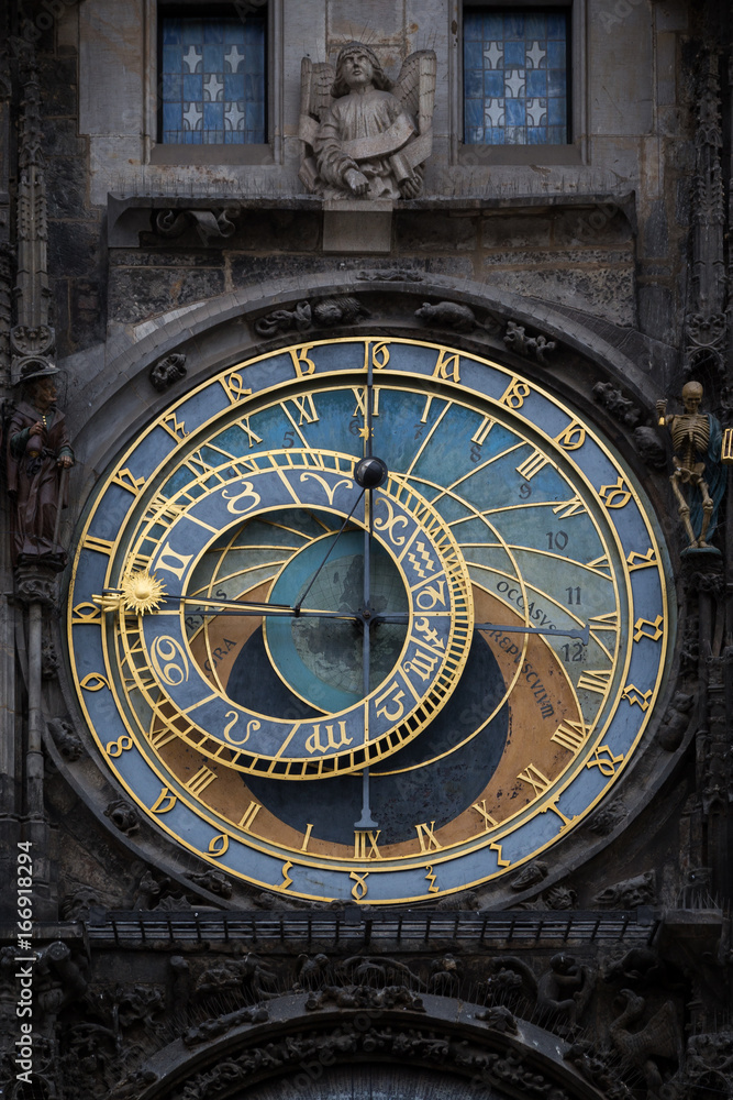 Close-up of the medieval Prague astronomical clock mounted on wall of Old Town Hall in the Old Town Square in Prague, Czech Republic. Close-up of the medieval Prague astronomical clock mounted on wall of Old Town Hall in the Old Town Square in Prague, Czech Republic.