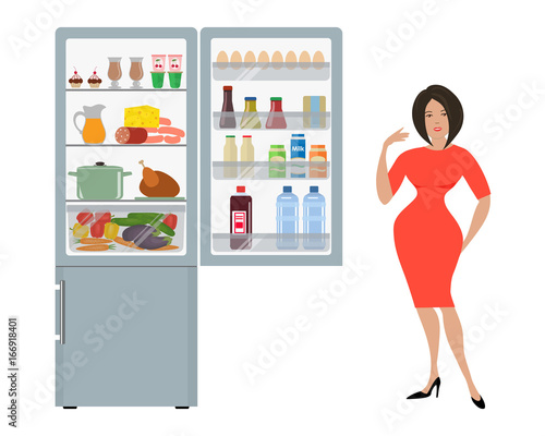 Gray fridge with open doors, a full of food. Next to the refrigerator is a woman in a red dress and points at him with her hand. Vector flat illustration.