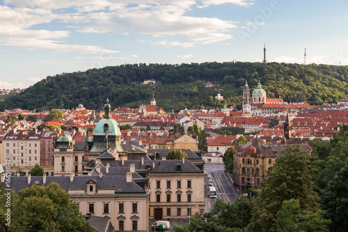 View of old buildings at the Mala Strana District (Lesser Town) and Petrin Hill in Prague, Czech Republic, in the daytime.