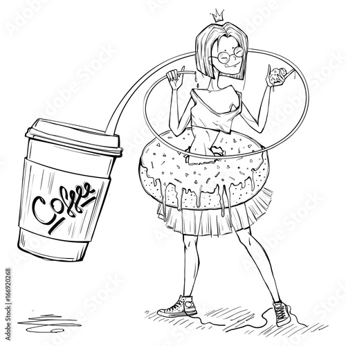 Beautiful chic girl in trainers with coffee, vector illustration, sweet donut