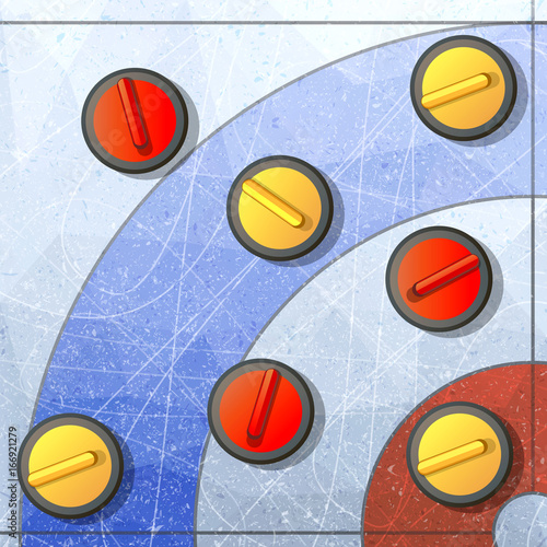 Curling winter game. Ice and stone, team and rink, competition brushing and slip, flat vector illustration.