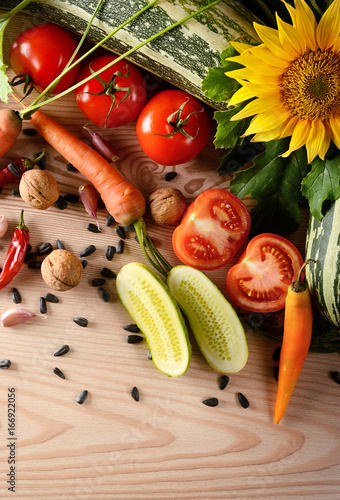 Obraz na plátně Top view fresh natural vegetables on wooden background