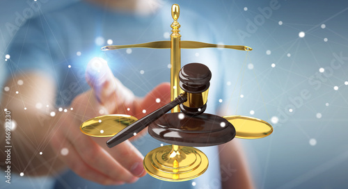 Businessman with justice hammer and weighing scales 3D rendering