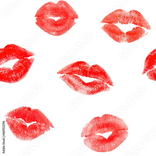 Seamless pattern with trace red lips kisses on white